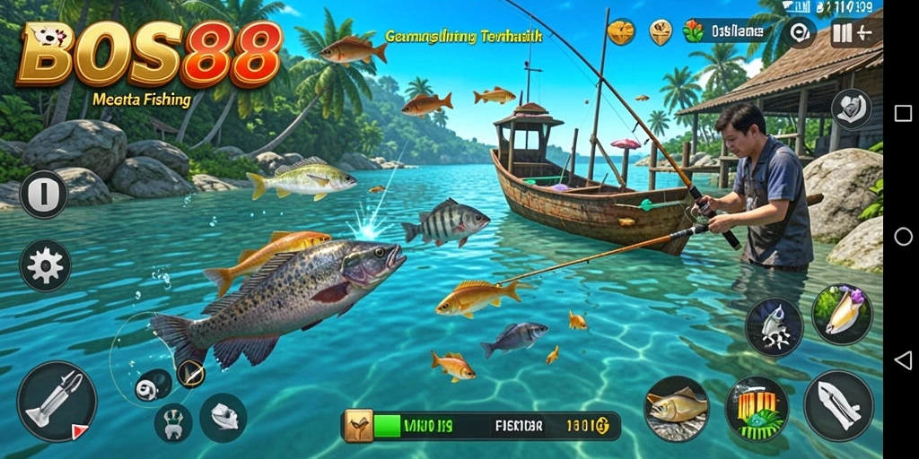 Screenshot gameplay BOS88 menampilkan petualangan memancing yang seru.