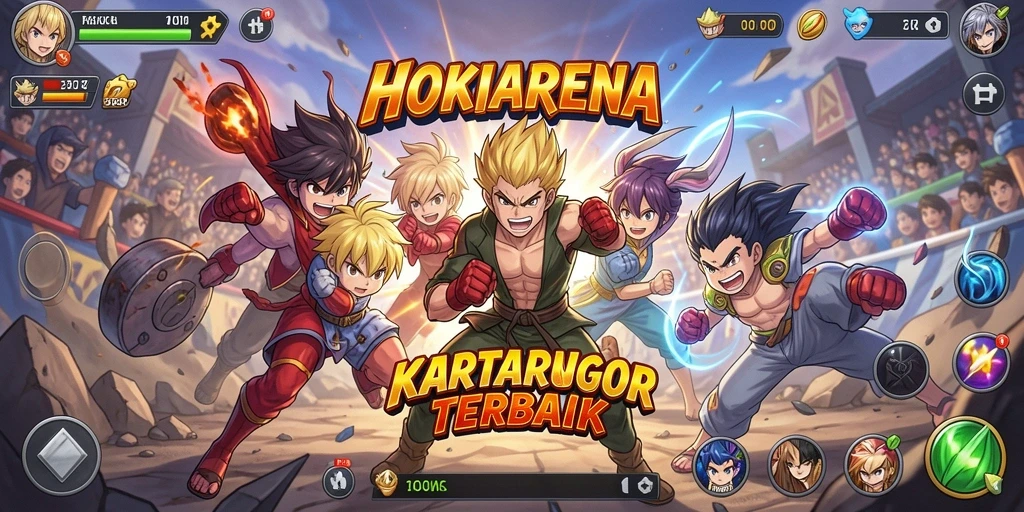 Tampilan gameplay HOKIARENA dengan karakter anime yang beraksi.