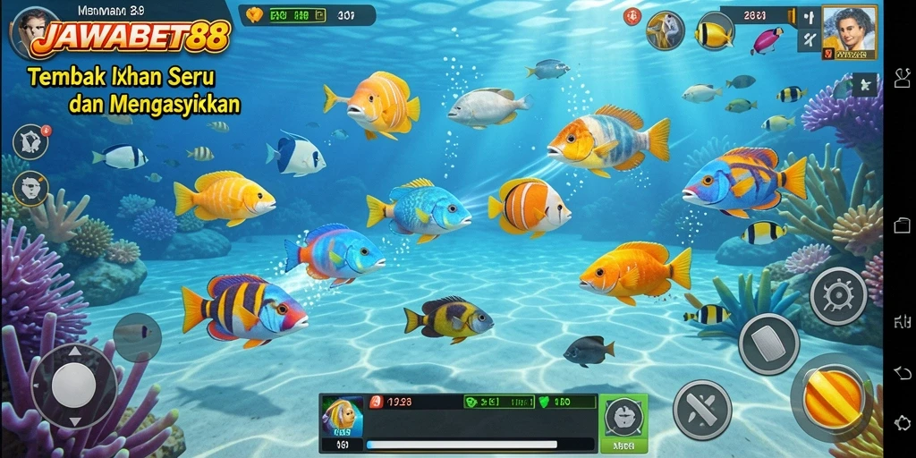 Screenshot gameplay JAWABET88 yang menunjukkan aksi menembak ikan.