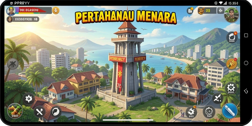 Tampilan gameplay seru dari PPRRYY dengan berbagai menara dan musuh.
