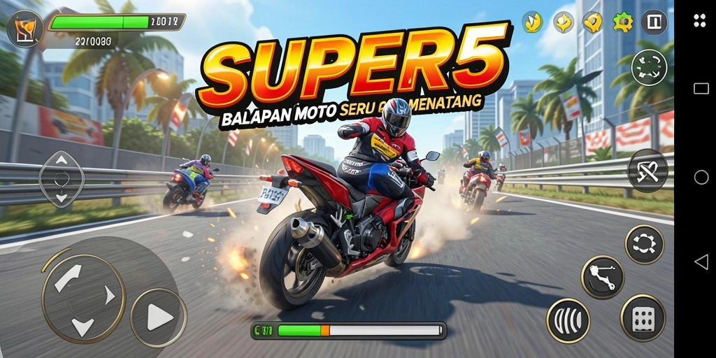 Screenshot SUPER5 menampilkan aksi balap motor yang mendebarkan.