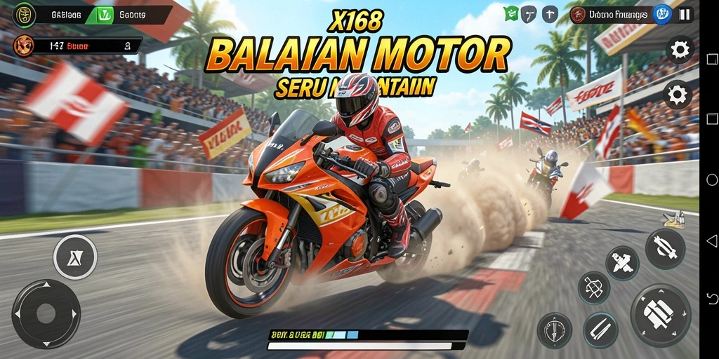 Screenshot X168 menampilkan balapan motor yang seru dan mendebarkan.